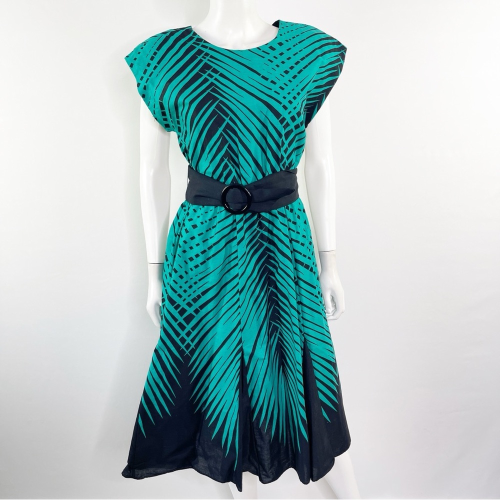 On The Rocks California Vintage Teal Green Dress Size 7/8 Black Palm Leaf Print